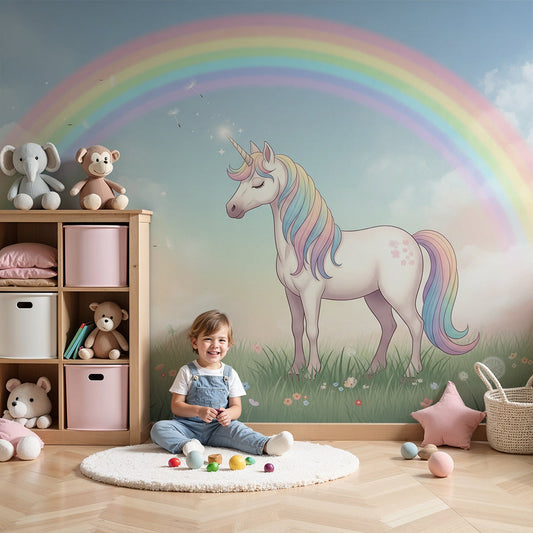 Kids-Mundo unicorn meadow and rainbow mural on a nursery wall behind a cot
