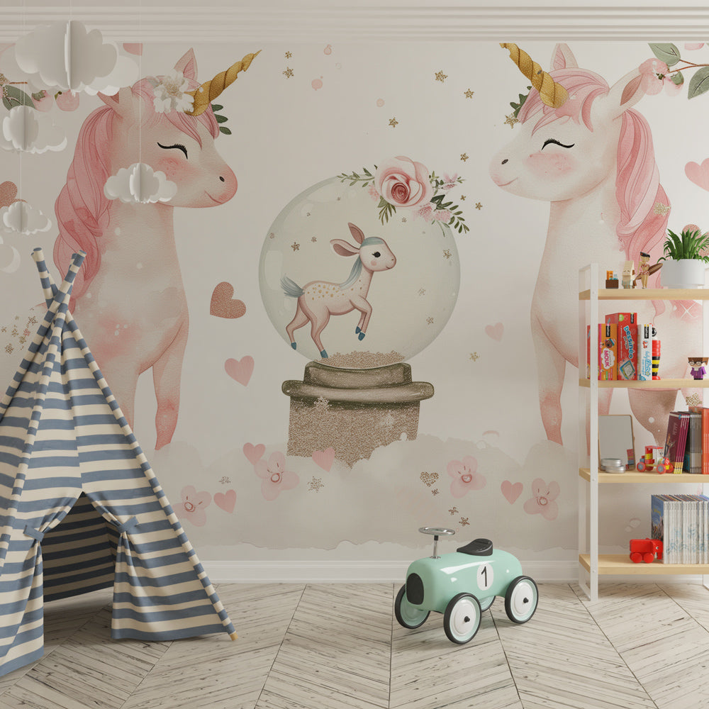 Magical unicorn wallpaper creating fairy-tale atmosphere in children's bedroom