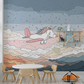 Magical unicorn wallpaper creating dreamy atmosphere in children's bedroom with stars