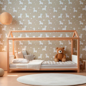 Cute unicorn wallpaper with beige background decorating children's bedroom space