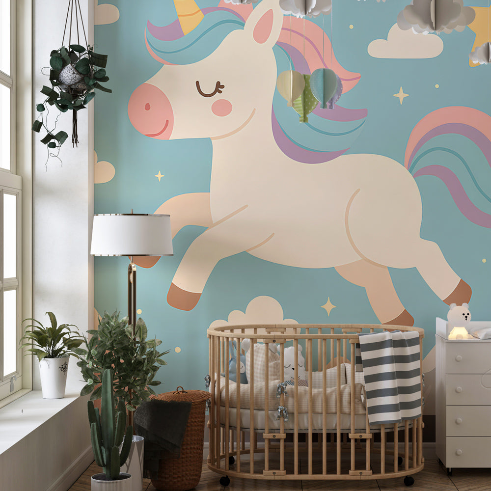 Starry sky unicorn wallpaper transforming children's bedroom into magical fairy-tale space