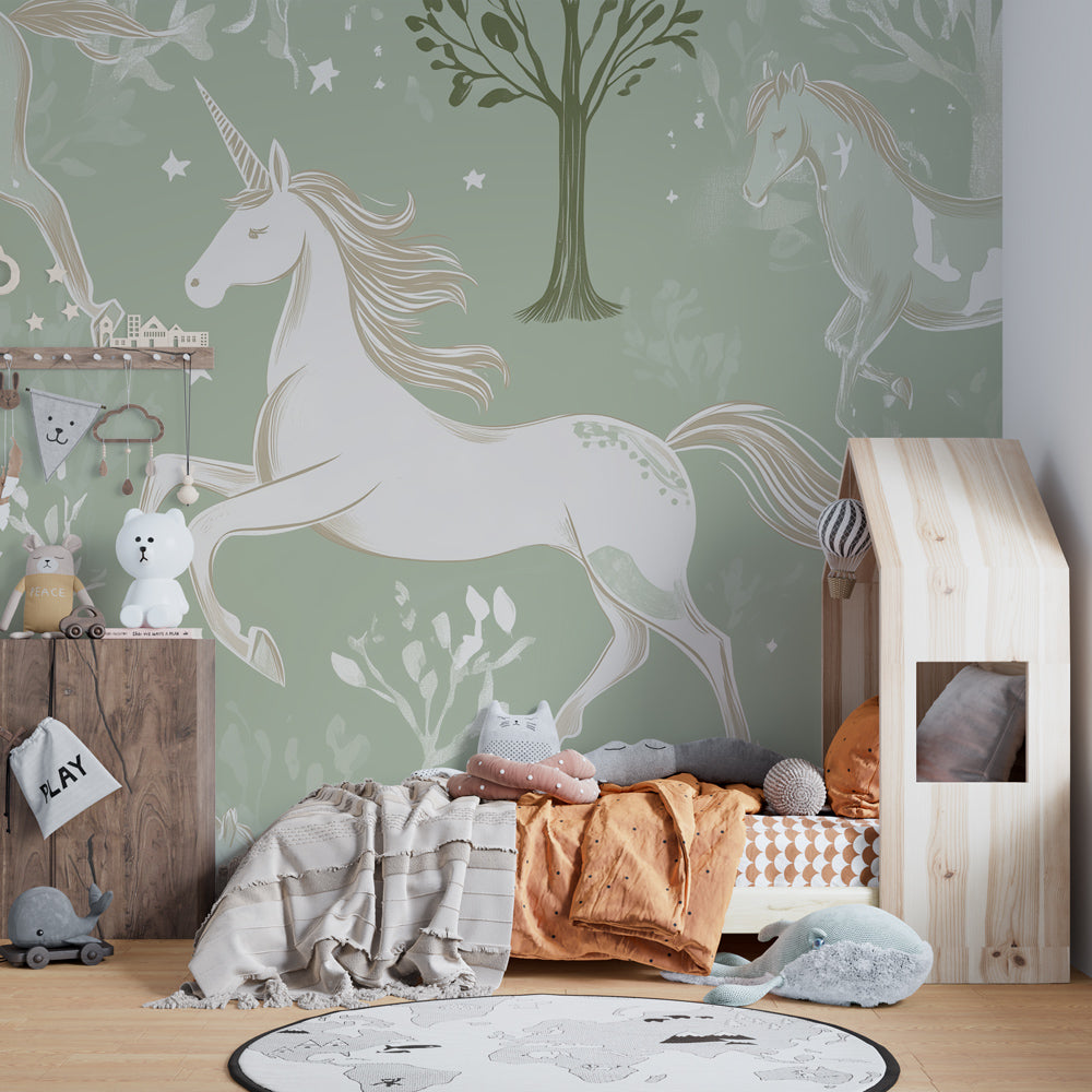 Magical unicorn wallpaper creating enchanted forest atmosphere in children's bedroom