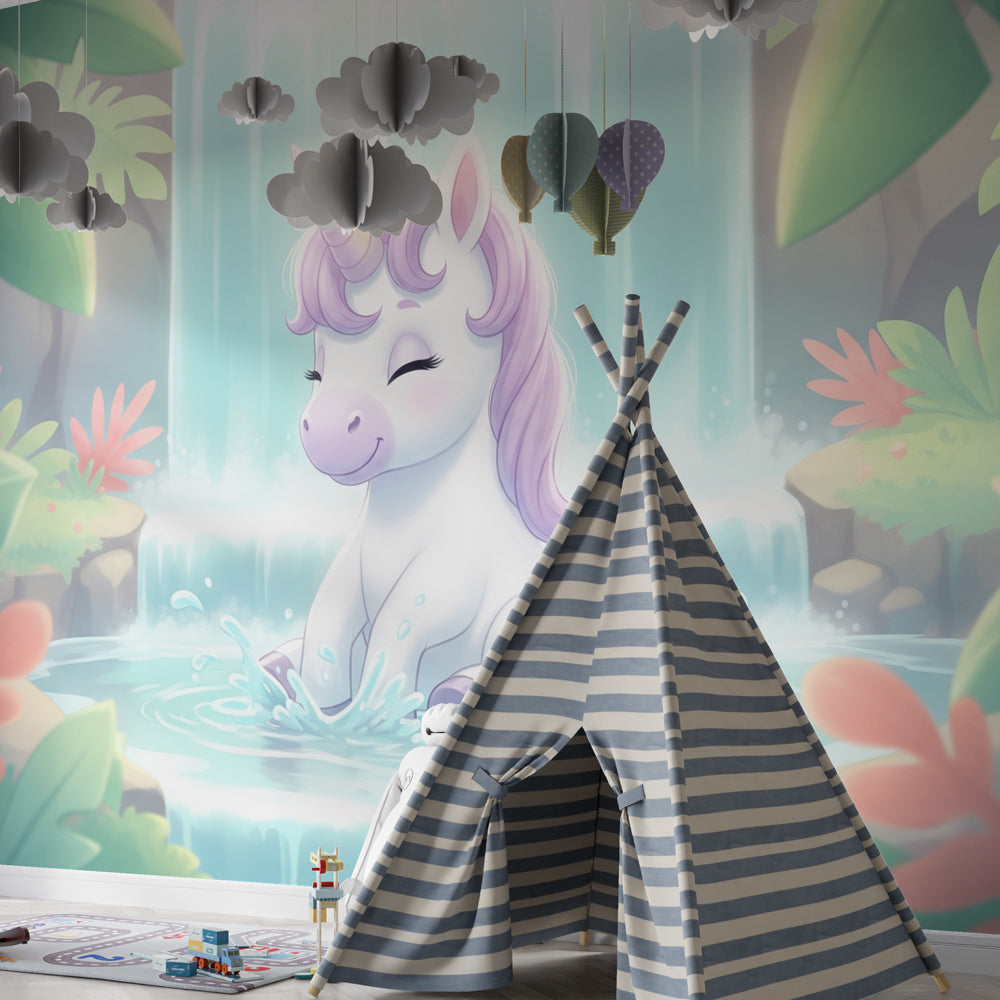 Enchanting unicorn waterfall wallpaper creating fairy-tale atmosphere in children's bedroom