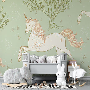 White unicorns and mystical horses mural wallpaper transforming children's bedroom into fairy-tale space