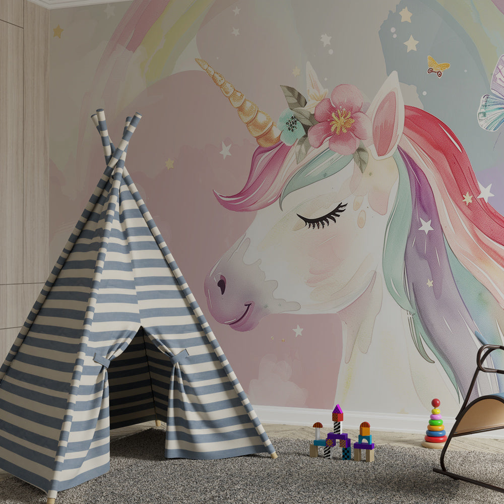 Magical unicorn wallpaper creating dreamy atmosphere in pink kids bedroom with butterfly motifs