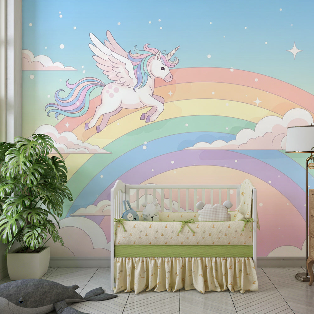 Enchanting unicorn wallpaper creating dreamy atmosphere in children's bedroom with pastel colors