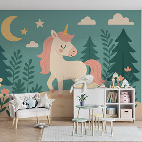 Moonlight unicorn wallpaper transforming children's bedroom into fantasy wonderland