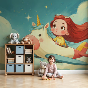 Unicorn flying adventure mural wallpaper in modern kids bedroom by Kids-Mundo
