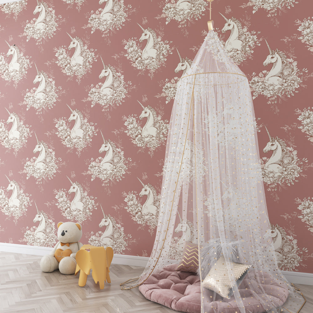 Fantasy unicorn mural wallpaper transforming children's bedroom into fairytale space