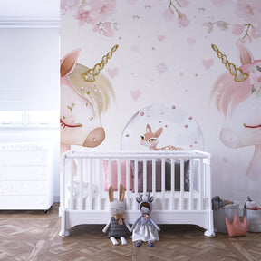 Fantasy unicorn wallpaper in elegant kids bedroom with soft pink and gold tones creating peaceful space