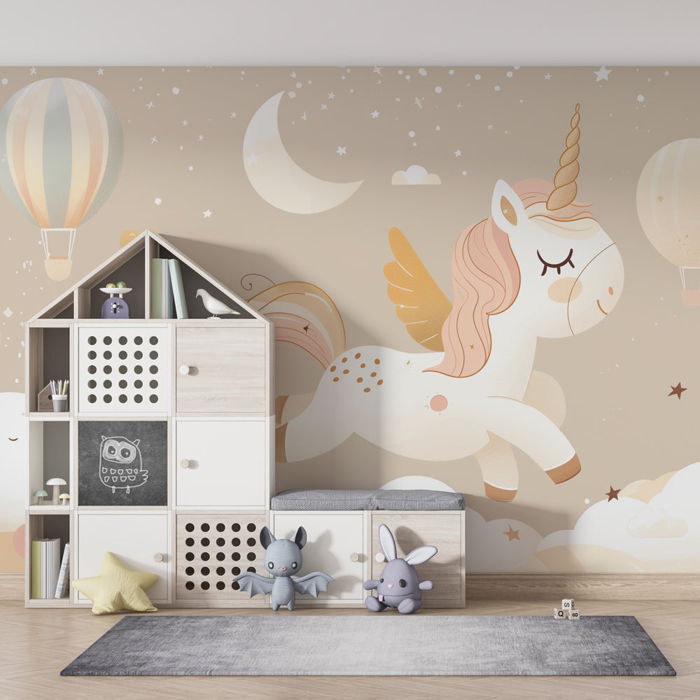 Enchanted unicorn wallpaper with floating balloons for children's bedroom decor