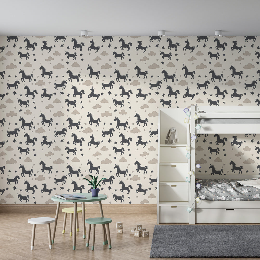 Whimsical unicorn and cloud mural wallpaper transforming children's playroom by Kids-Mundo