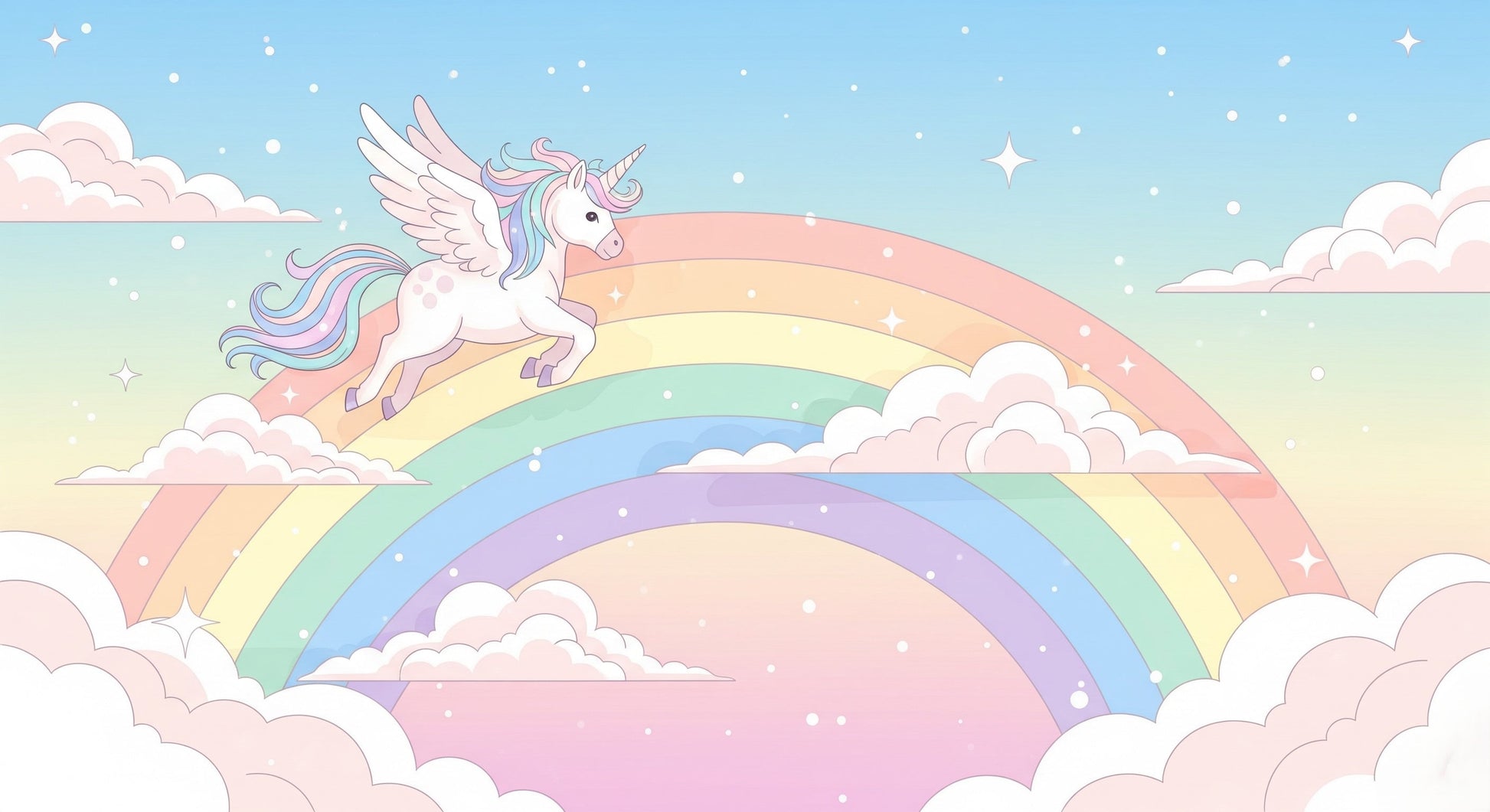Detailed unicorn and rainbow mural wallpaper design pattern with pastel clouds by Kids-Mundo