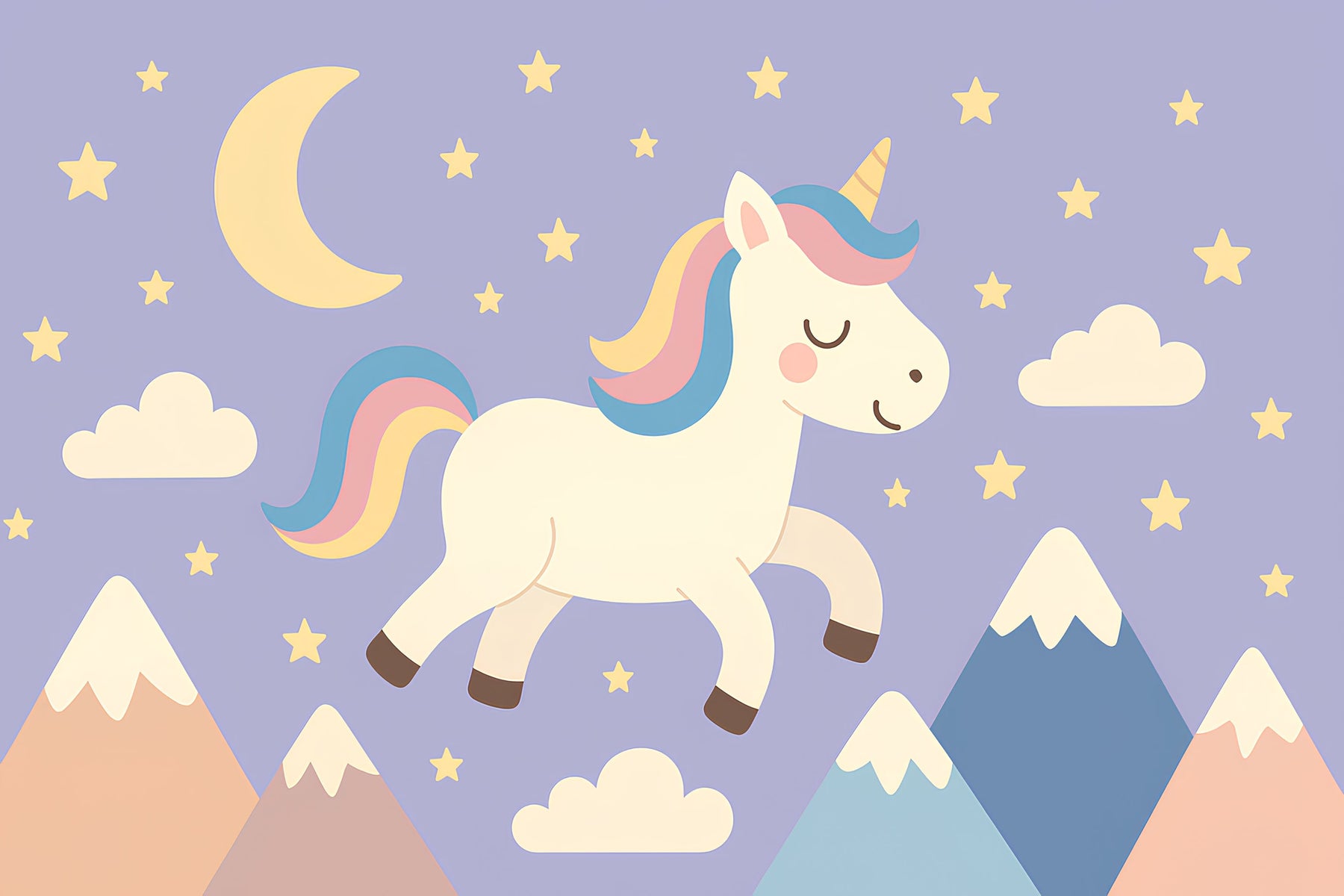 Detailed unicorn starry sky mural wallpaper design pattern with purple background by Kids-Mundo