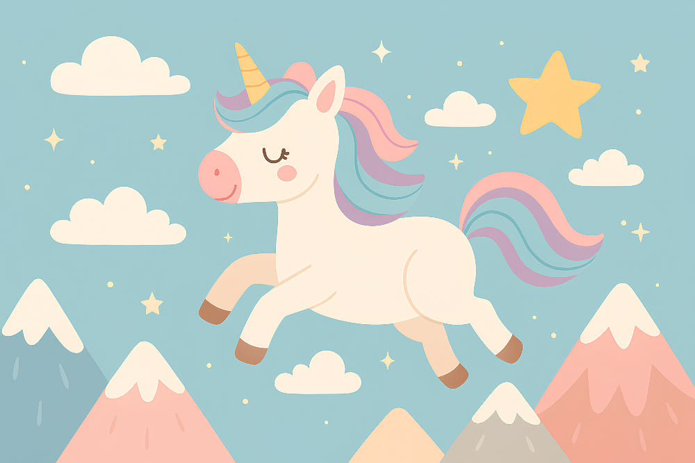 Detailed unicorn starry sky mural wallpaper design pattern with pastel mountains by Kids-Mundo