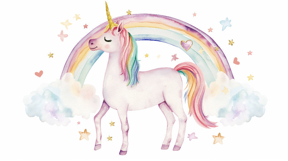 Detailed unicorn rainbow mural wallpaper design pattern with pastel colors by Kids-Mundo