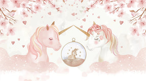 Detailed watercolor unicorn and cherry blossom mural wallpaper design pattern by Kids-Mundo