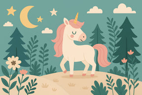 Detailed magical unicorn mural wallpaper design pattern with moon and stars by Kids-Mundo