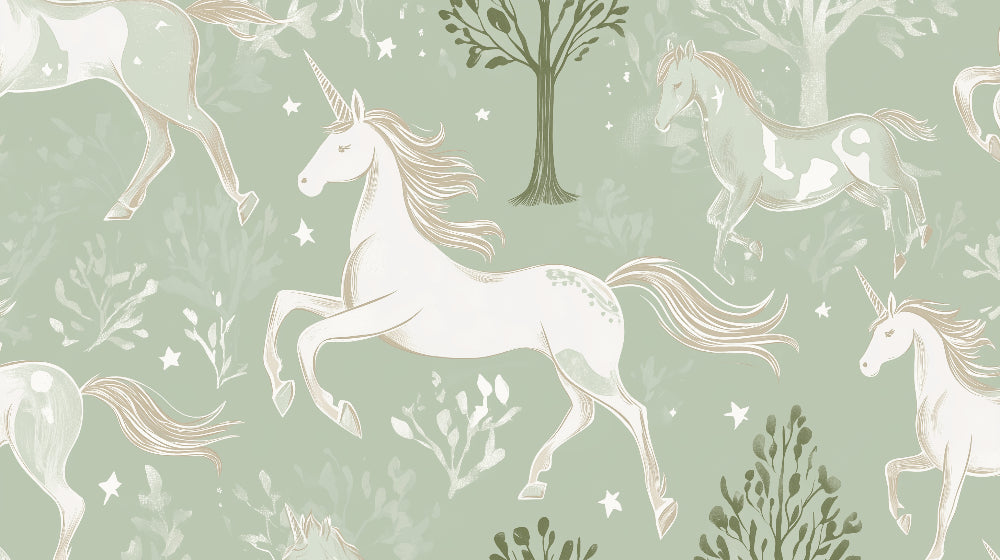 Detailed unicorn forest mural wallpaper design pattern with elegant creatures by Kids-Mundo