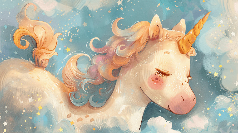 Detailed unicorn mural wallpaper design pattern with starry sky and golden accents by Kids-Mundo