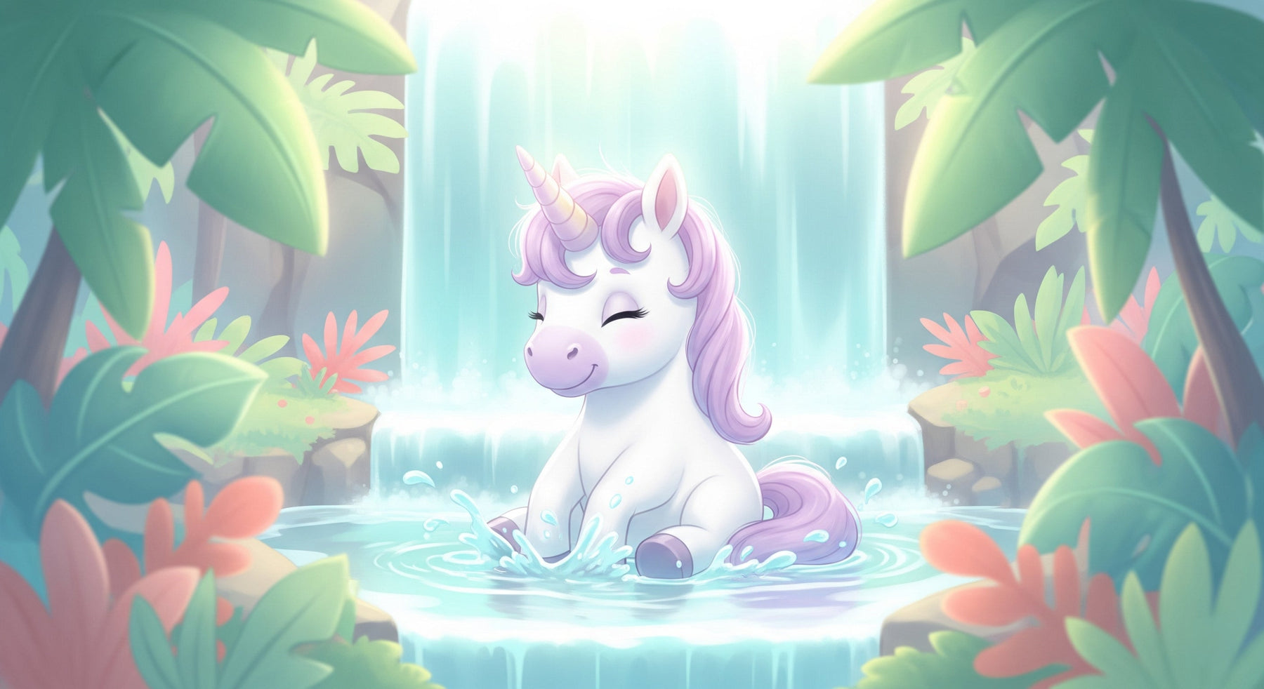 Detailed unicorn waterfall mural wallpaper design pattern with tropical elements by Kids-Mundo