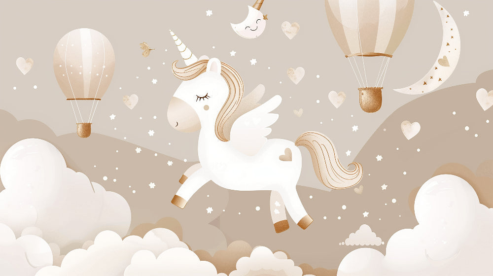 Detailed unicorn and hot air balloon mural wallpaper design pattern in soft beige tones by Kids-Mundo