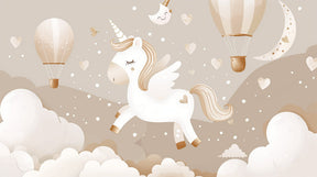Detailed unicorn and hot air balloon mural wallpaper design pattern in soft beige tones by Kids-Mundo