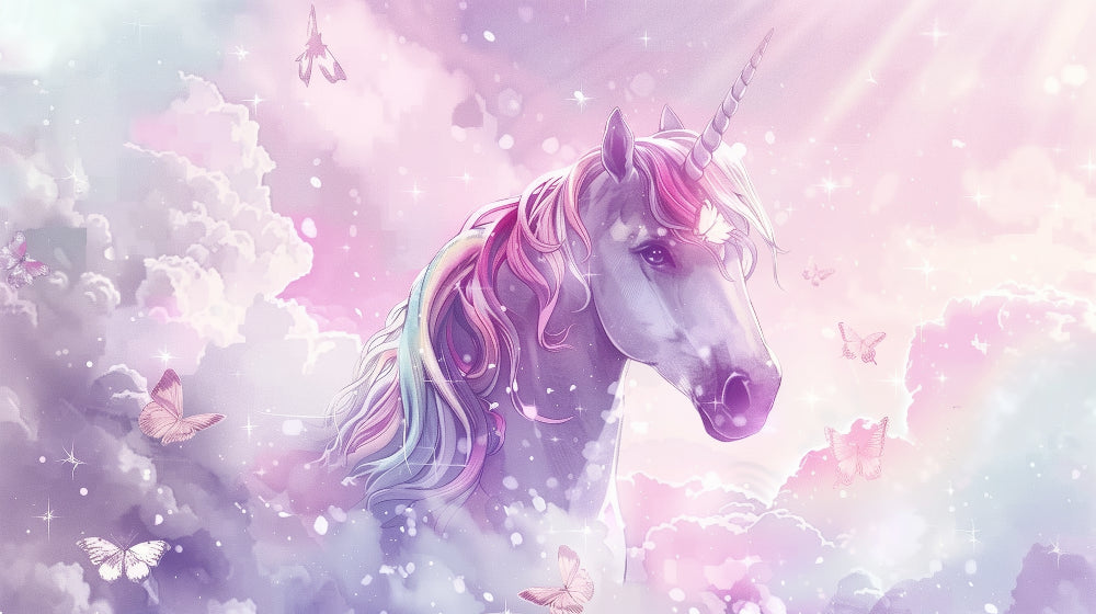 Detailed unicorn mural wallpaper design pattern with rainbow mane and pink clouds by Kids-Mundo
