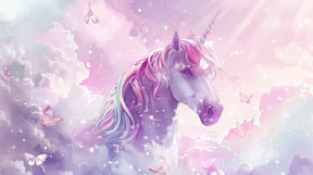 Detailed unicorn mural wallpaper design pattern with rainbow mane and pink clouds by Kids-Mundo
