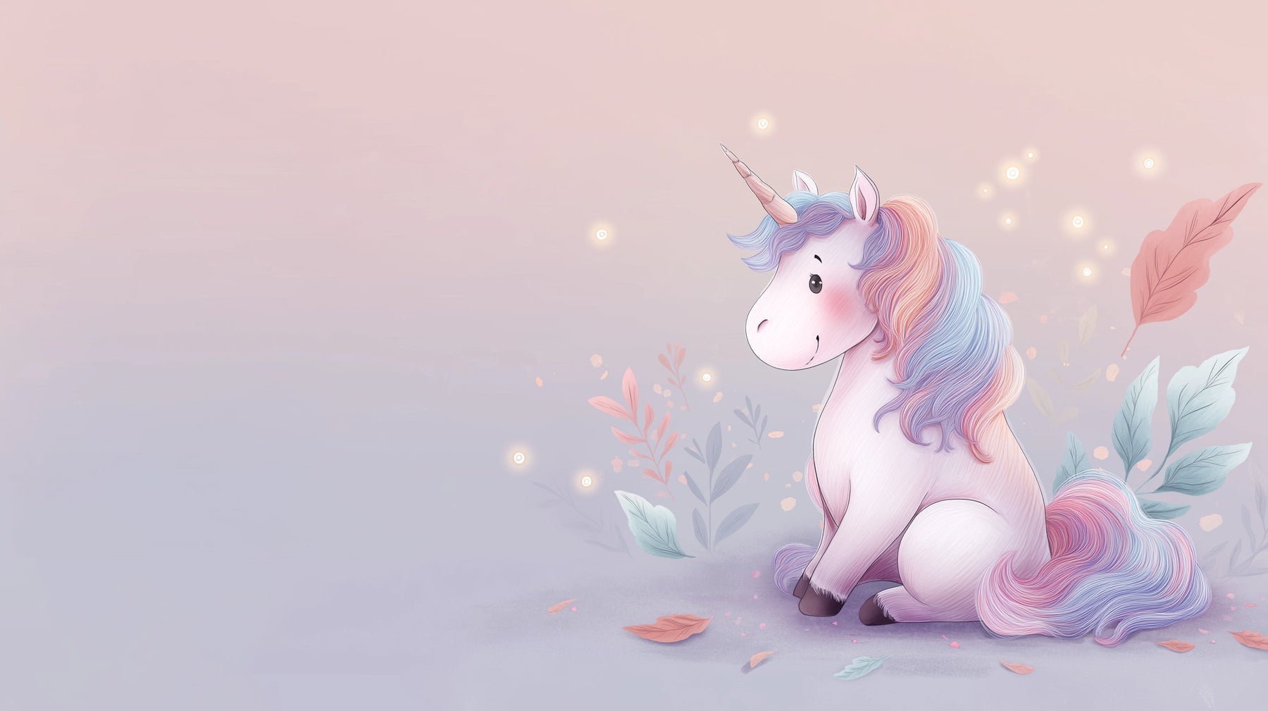 Detailed unicorn mural wallpaper design pattern with pastel mane and floating fireflies by Kids-Mundo