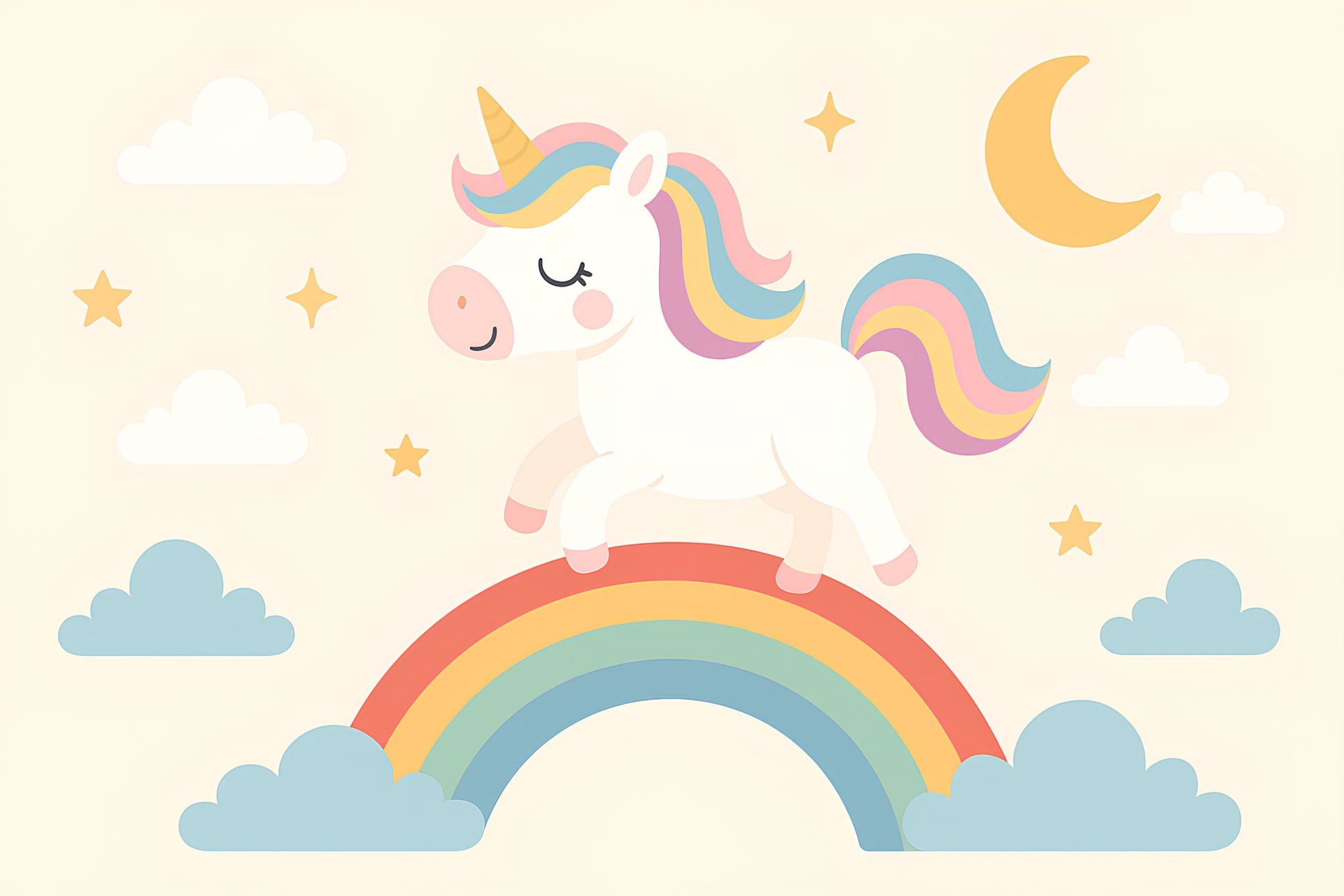 Detailed unicorn rainbow mural wallpaper design pattern with stars and clouds by Kids-Mundo