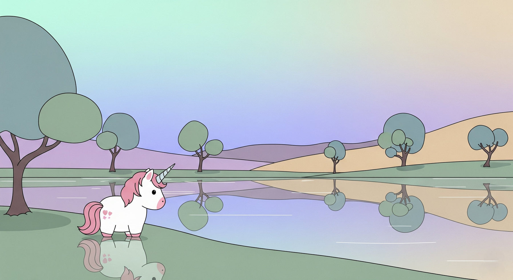 Detailed unicorn lakeside mural wallpaper design pattern with magical elements by Kids-Mundo