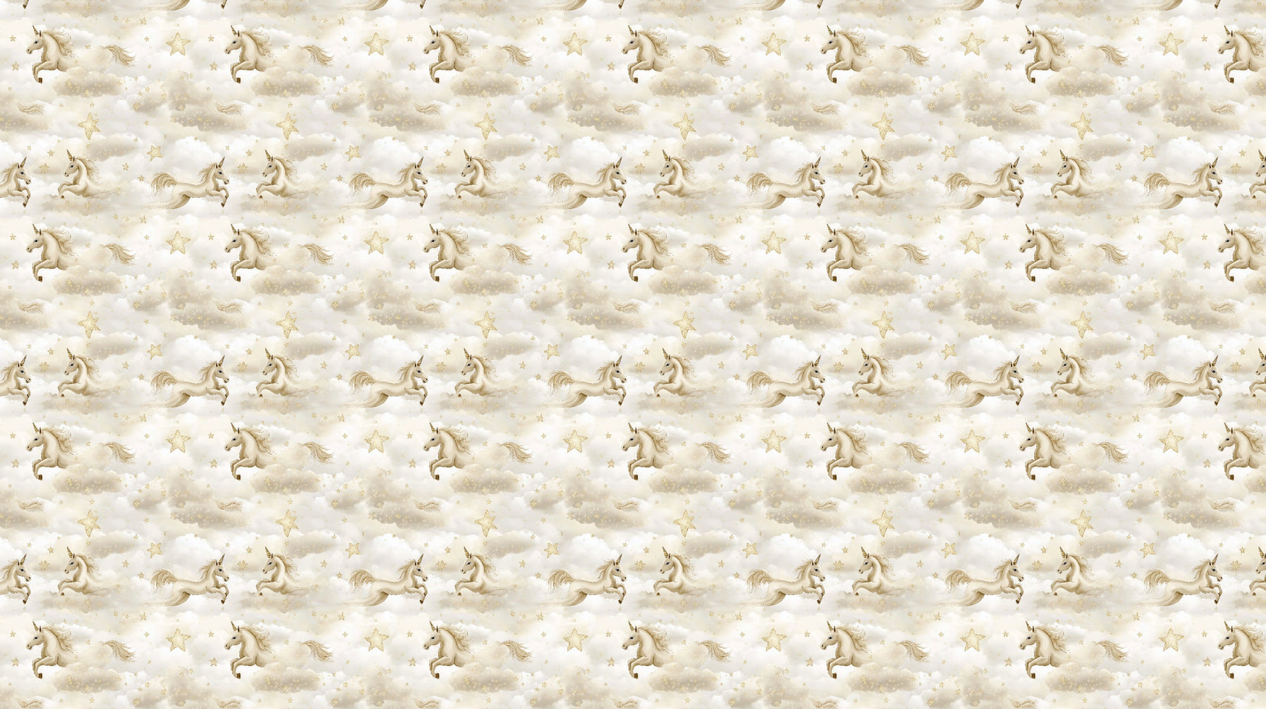 Detailed unicorn mural wallpaper design pattern with golden stars and clouds by Kids-Mundo