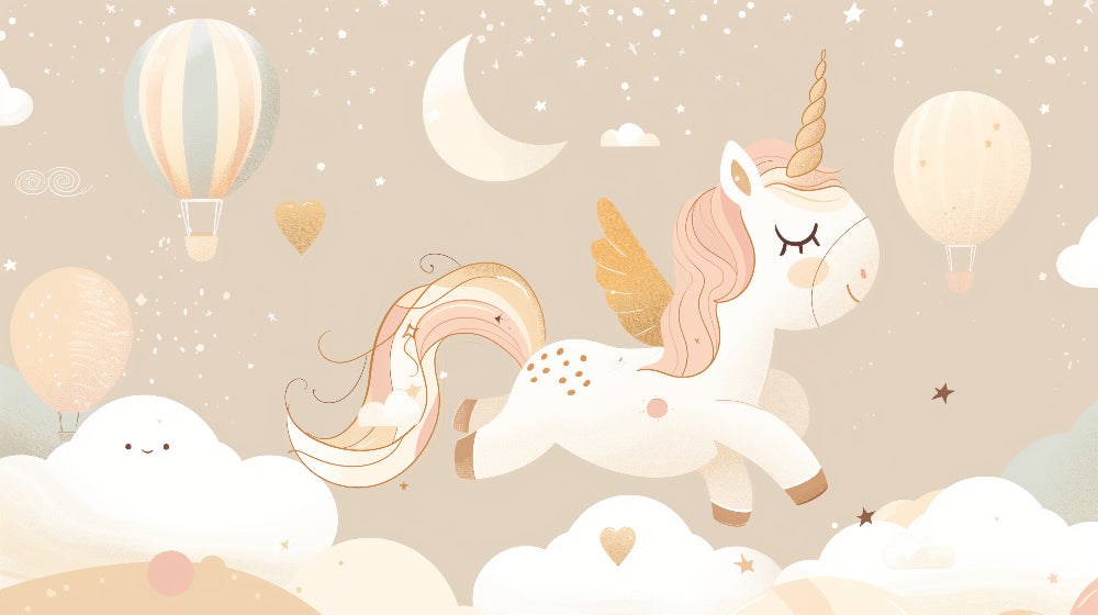 Detailed unicorn and hot air balloon mural wallpaper design pattern by Kids-Mundo