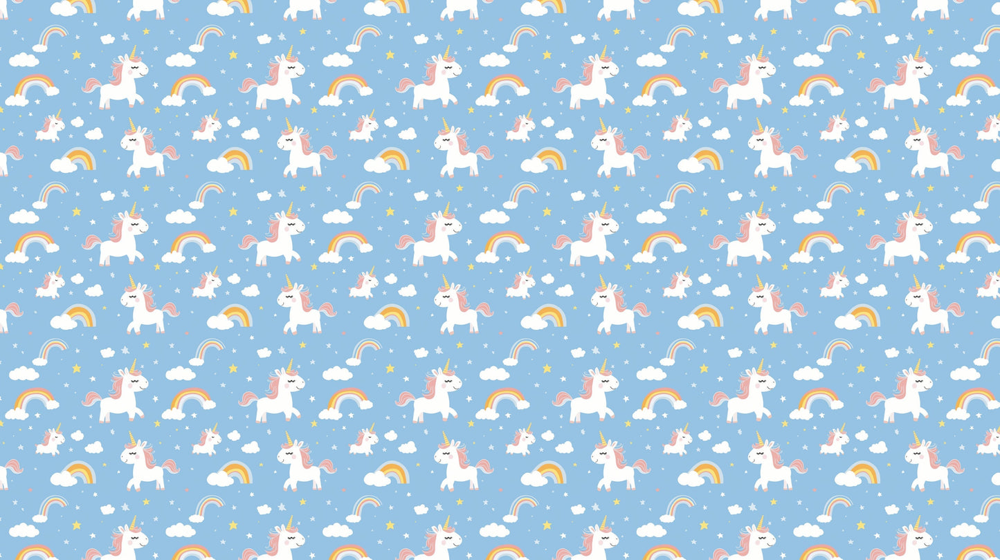 Detailed unicorn and rainbow mural wallpaper design pattern on blue background by Kids-Mundo