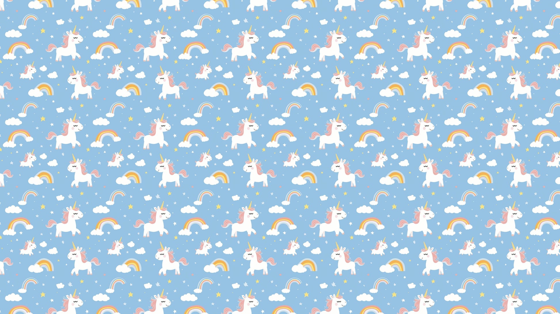 Detailed unicorn and rainbow mural wallpaper design pattern on blue background by Kids-Mundo