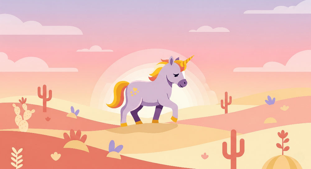 Detailed unicorn sunset mural wallpaper design pattern with desert blooms by Kids-Mundo