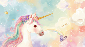 Detailed unicorn mural wallpaper design pattern with starry pastel sky by Kids-Mundo