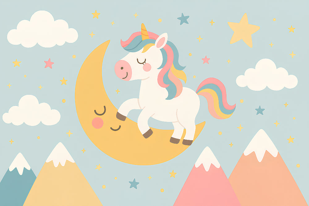 Detailed unicorn on moon mural wallpaper design pattern with stars and clouds by Kids-Mundo
