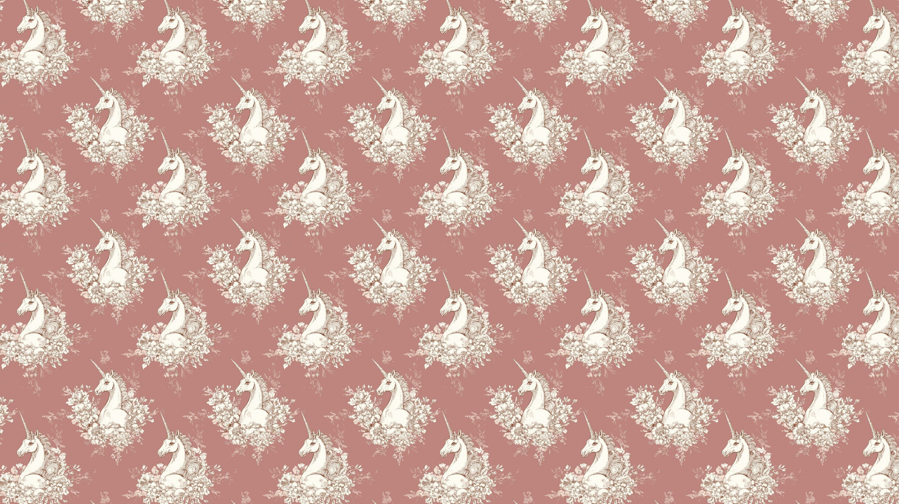 Detailed unicorn and floral mural wallpaper design pattern with delicate pink flowers by Kids-Mundo