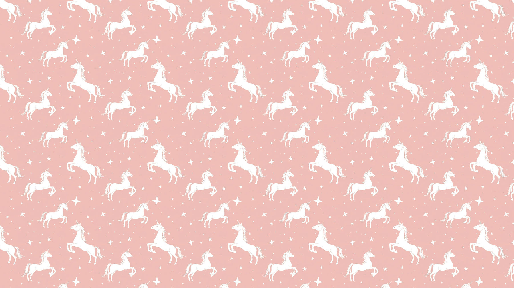 Detailed white unicorns and stars mural wallpaper design pattern on pink background by Kids-Mundo