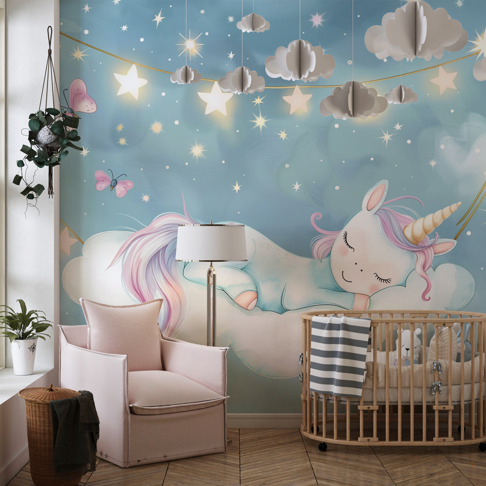 Blue celestial unicorn mural wallpaper transforming children's room into dreamscape