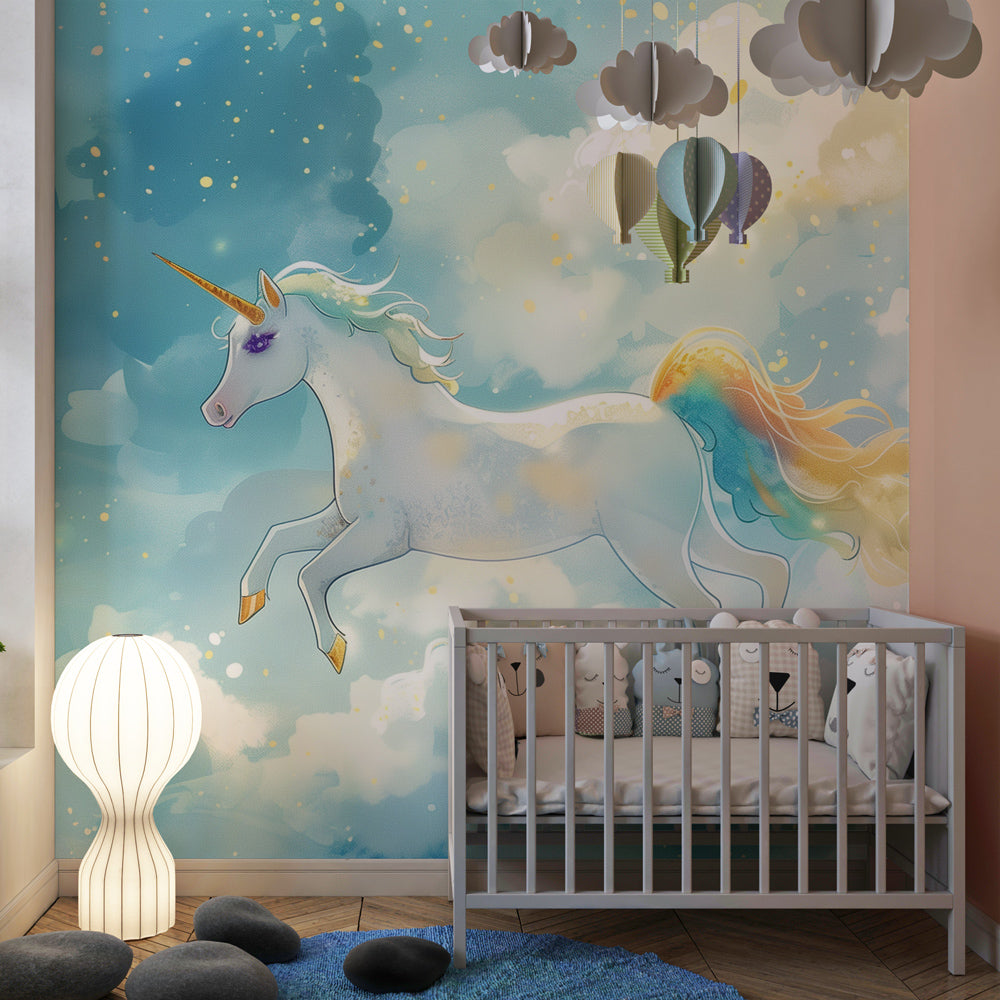 Fairy unicorn wallpaper transforming children's room into magical starry sanctuary
