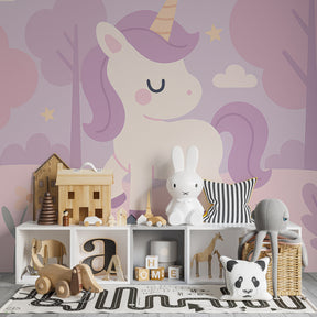Pastel unicorn mural wallpaper transforming kids room into fairy-tale wonderland