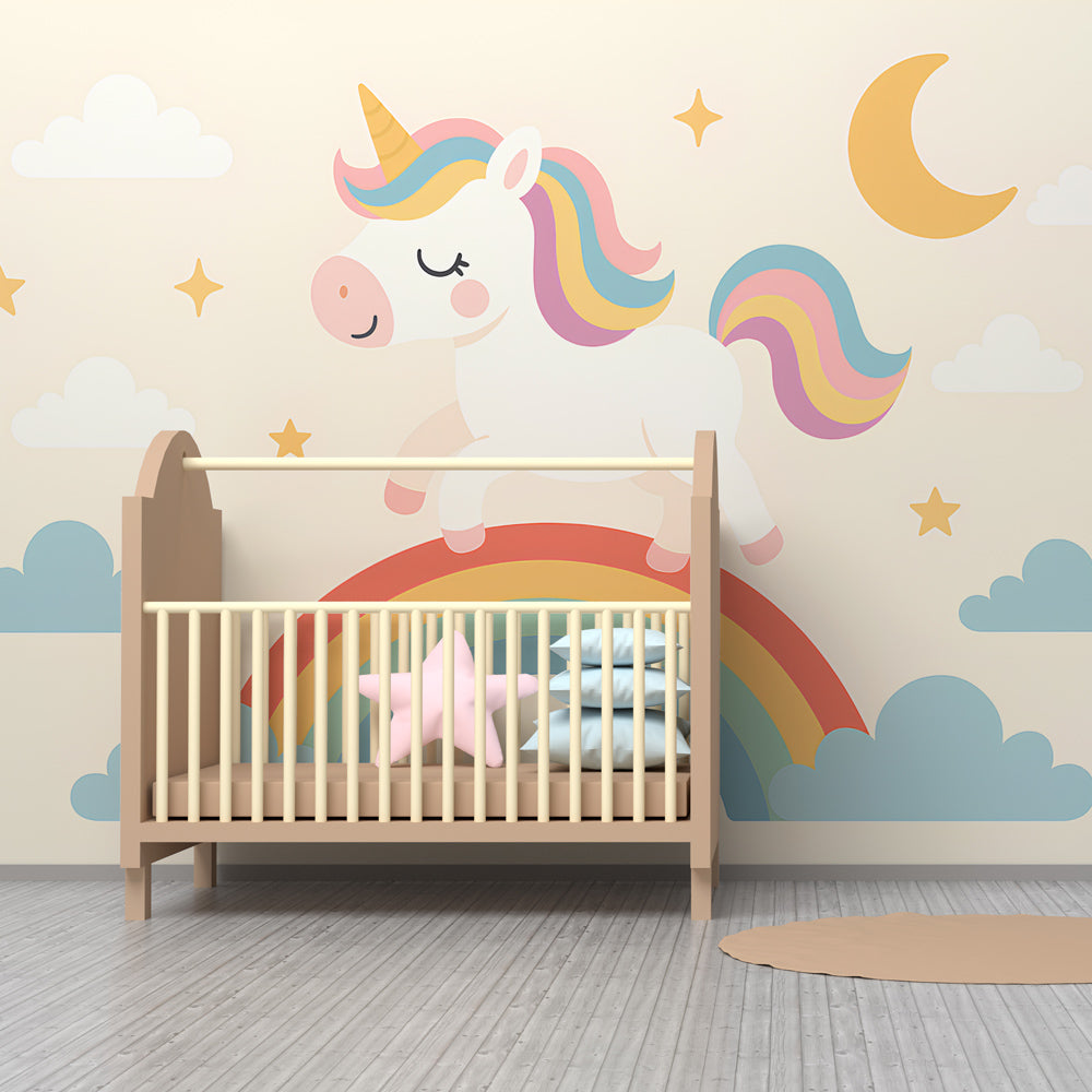 Magical unicorn mural wallpaper transforming kids room into enchanted fairy-tale space