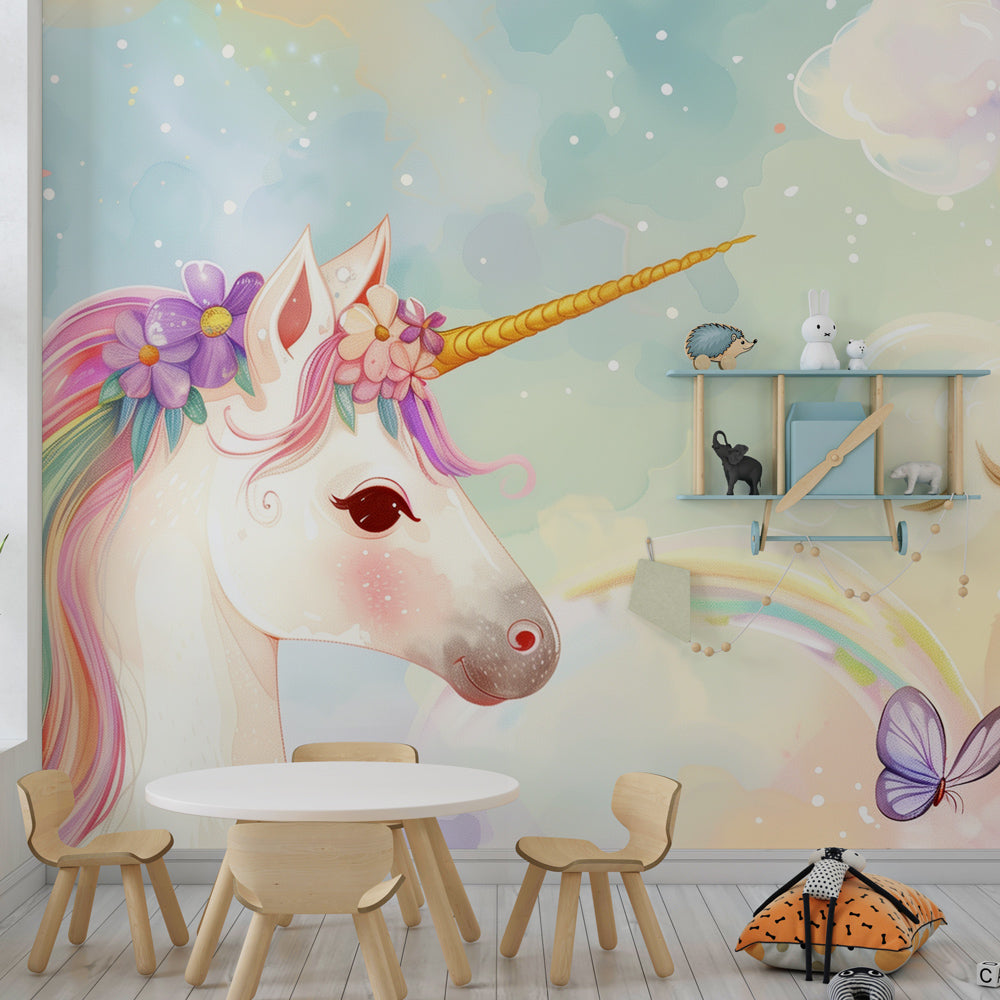 Pastel unicorn mural wallpaper transforming toddler room into magical fairytale space