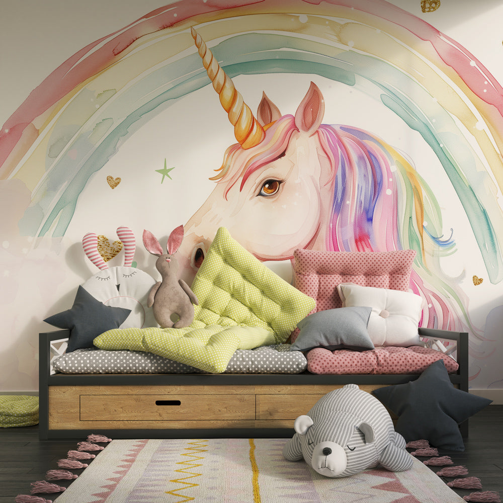 Close-up view of unicorn mural wallpaper with golden stars and rainbow details