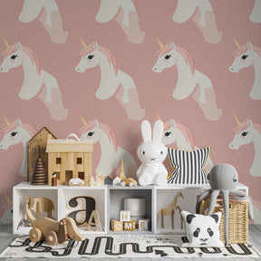 Pink unicorn wallpaper transforming children's bedroom into enchanted kingdom by Kids-Mundo
