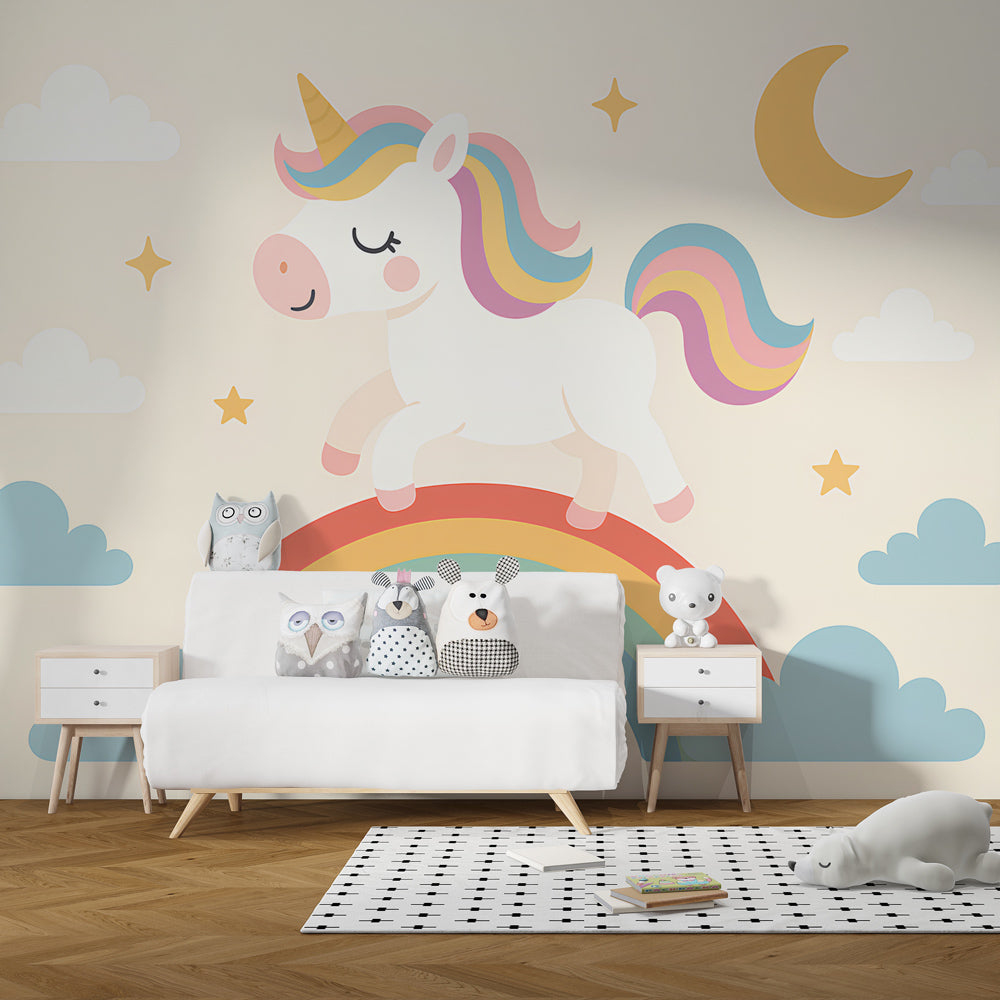 Fantasy unicorn wallpaper with rainbow and stars decorating modern children's bedroom