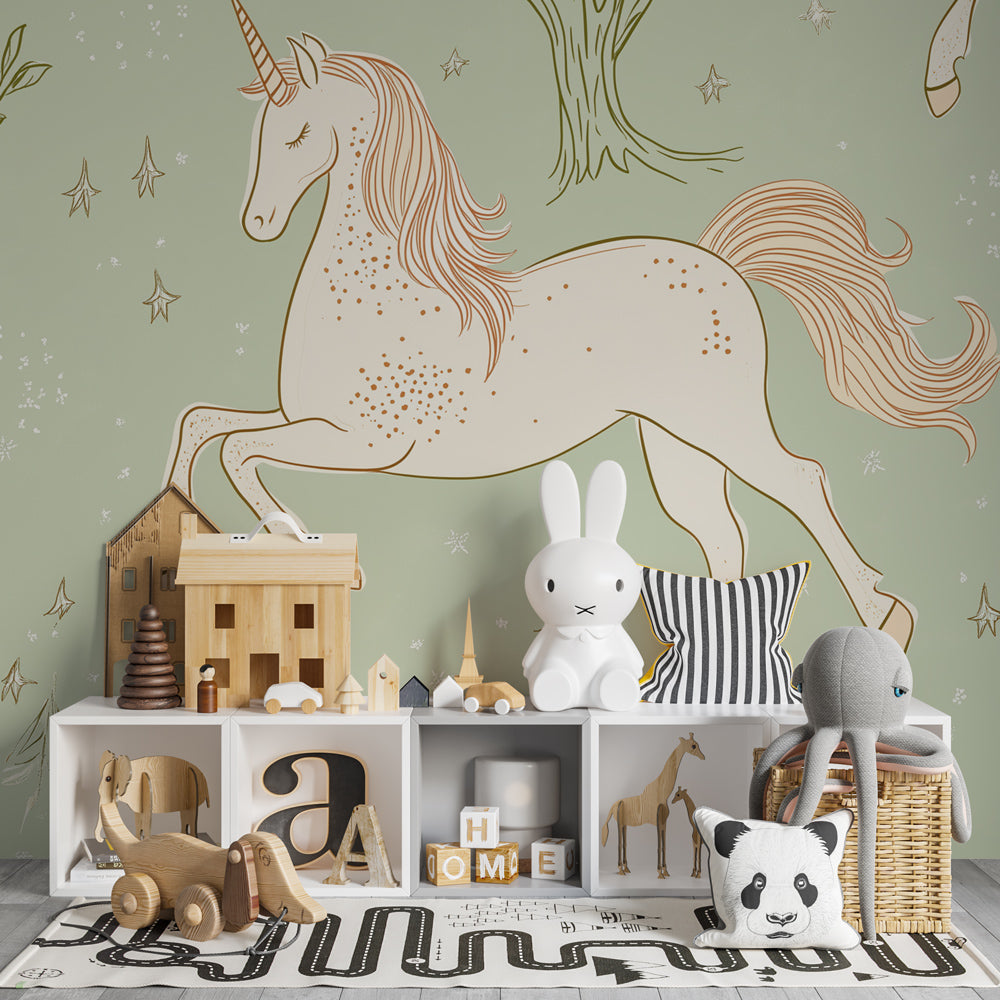 Sage green unicorn forest wallpaper creating whimsical playroom atmosphere for imaginative children